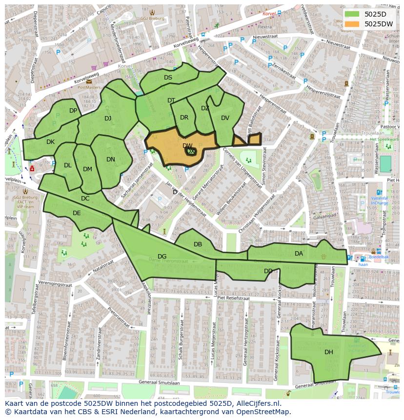 Afbeelding van het postcodegebied 5025 DW op de kaart.