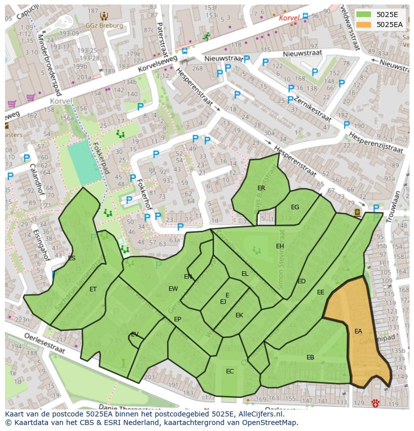 Afbeelding van het postcodegebied 5025 EA op de kaart.