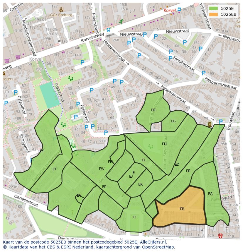 Afbeelding van het postcodegebied 5025 EB op de kaart.