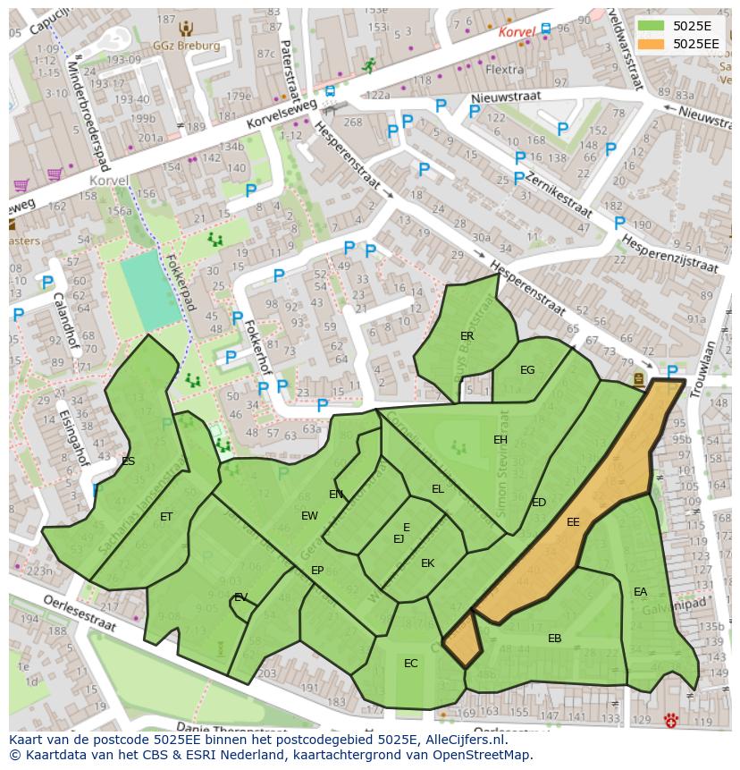 Afbeelding van het postcodegebied 5025 EE op de kaart.