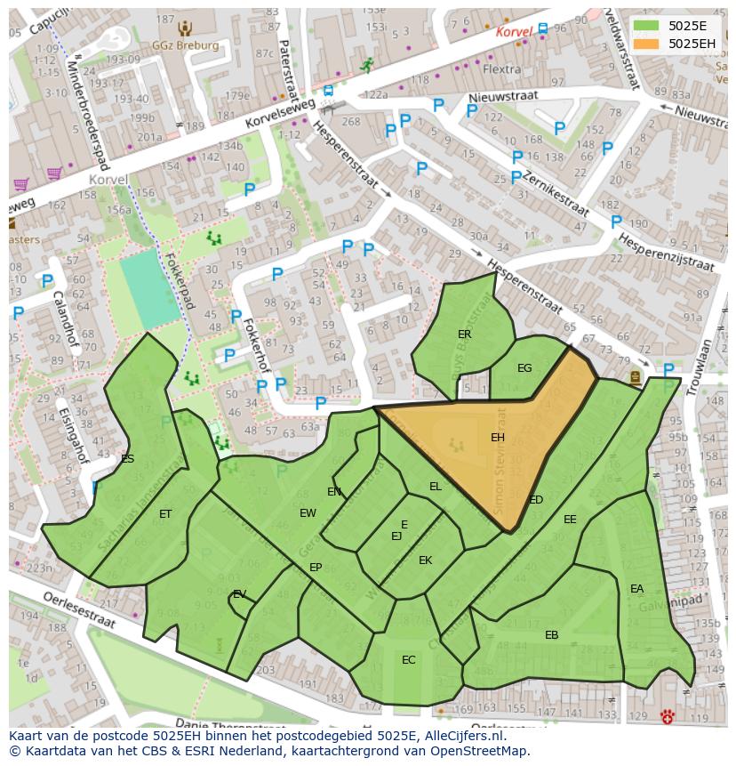 Afbeelding van het postcodegebied 5025 EH op de kaart.