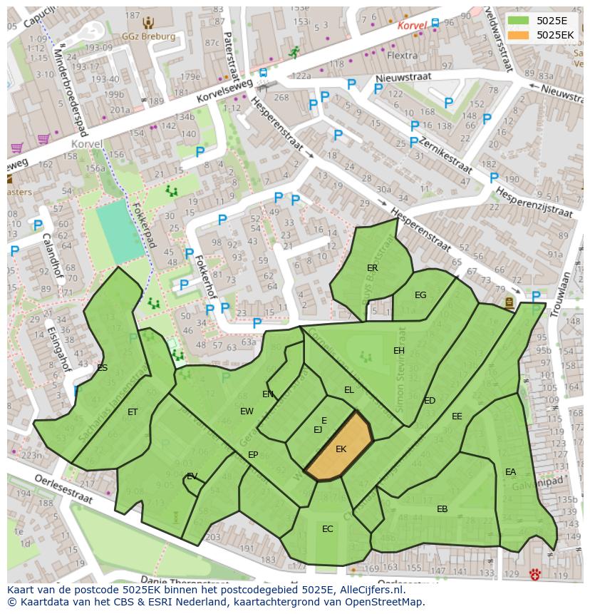 Afbeelding van het postcodegebied 5025 EK op de kaart.