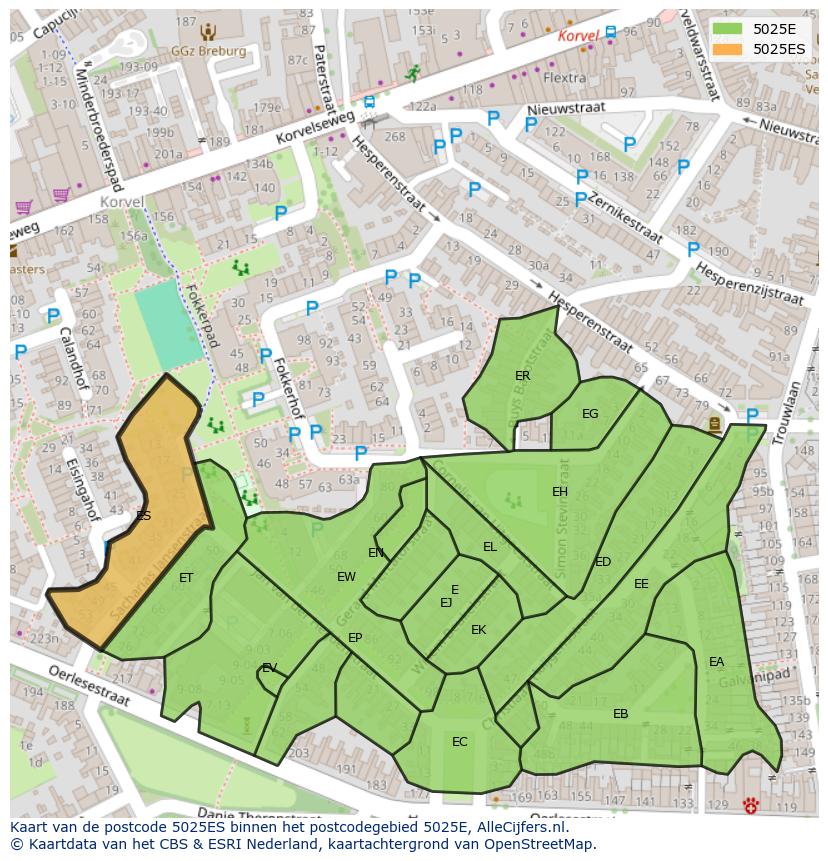 Afbeelding van het postcodegebied 5025 ES op de kaart.