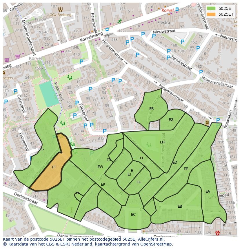 Afbeelding van het postcodegebied 5025 ET op de kaart.
