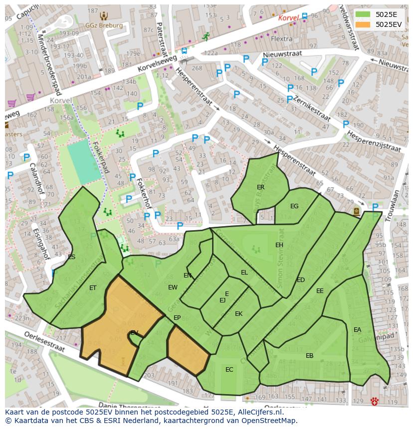 Afbeelding van het postcodegebied 5025 EV op de kaart.