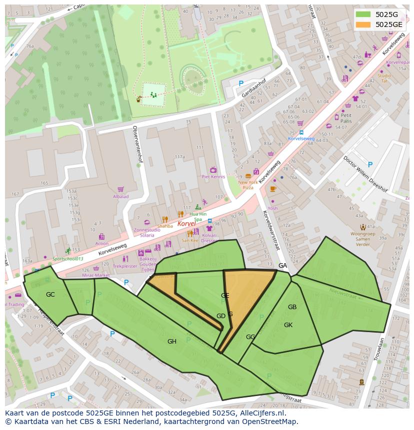 Afbeelding van het postcodegebied 5025 GE op de kaart.