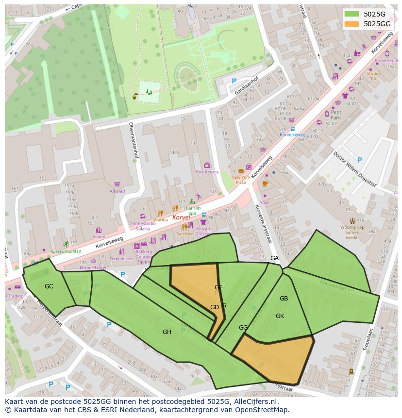 Afbeelding van het postcodegebied 5025 GG op de kaart.