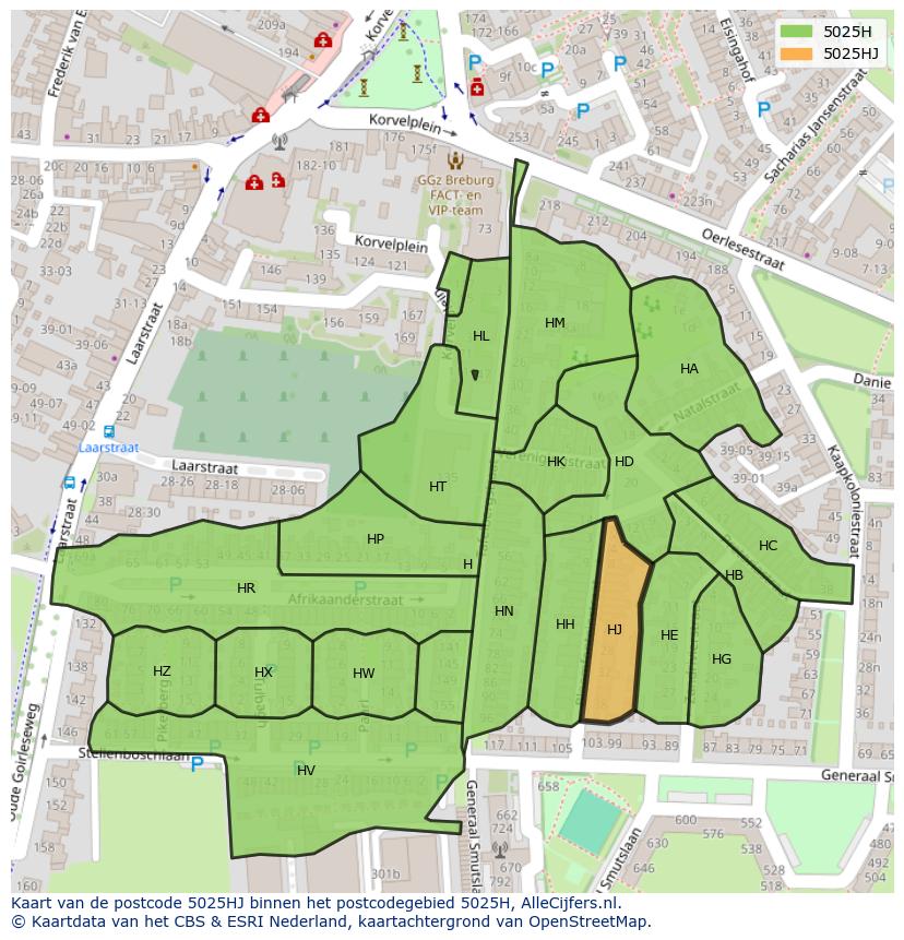 Afbeelding van het postcodegebied 5025 HJ op de kaart.
