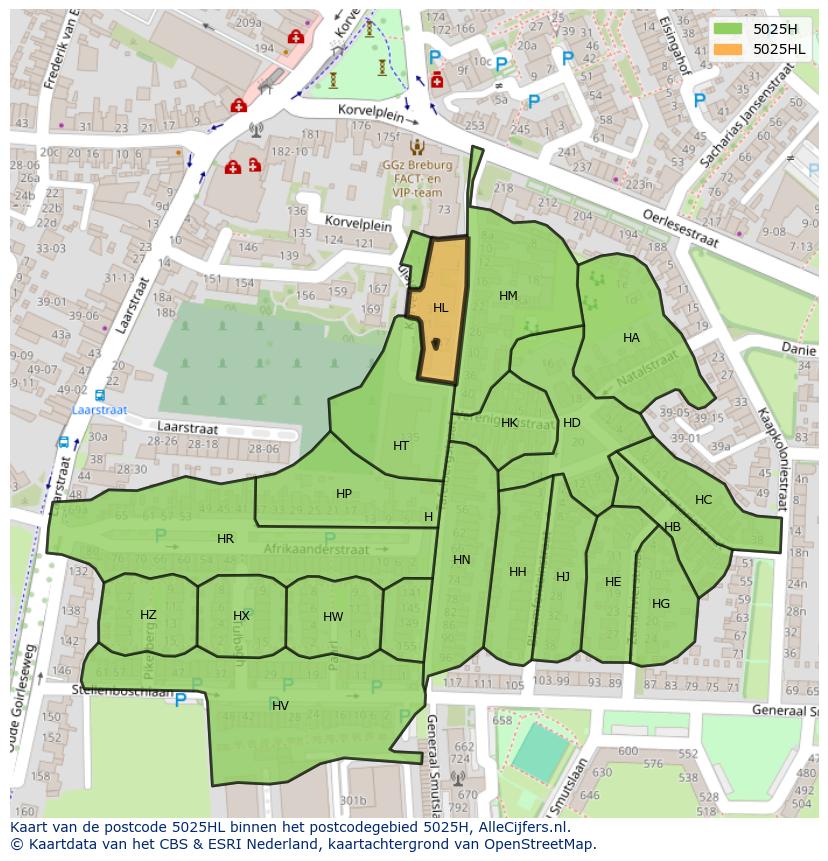 Afbeelding van het postcodegebied 5025 HL op de kaart.