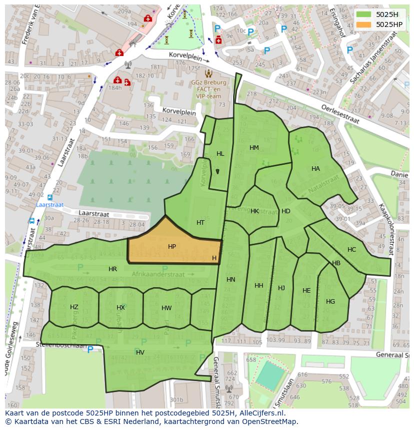 Afbeelding van het postcodegebied 5025 HP op de kaart.