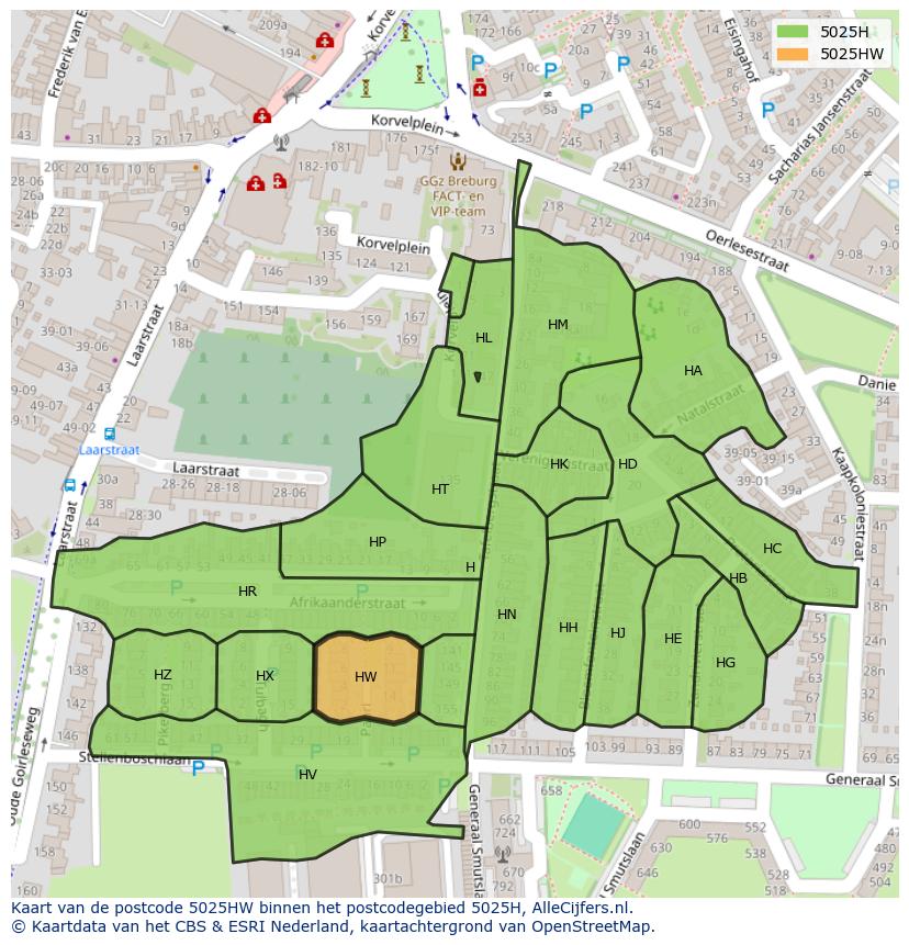 Afbeelding van het postcodegebied 5025 HW op de kaart.