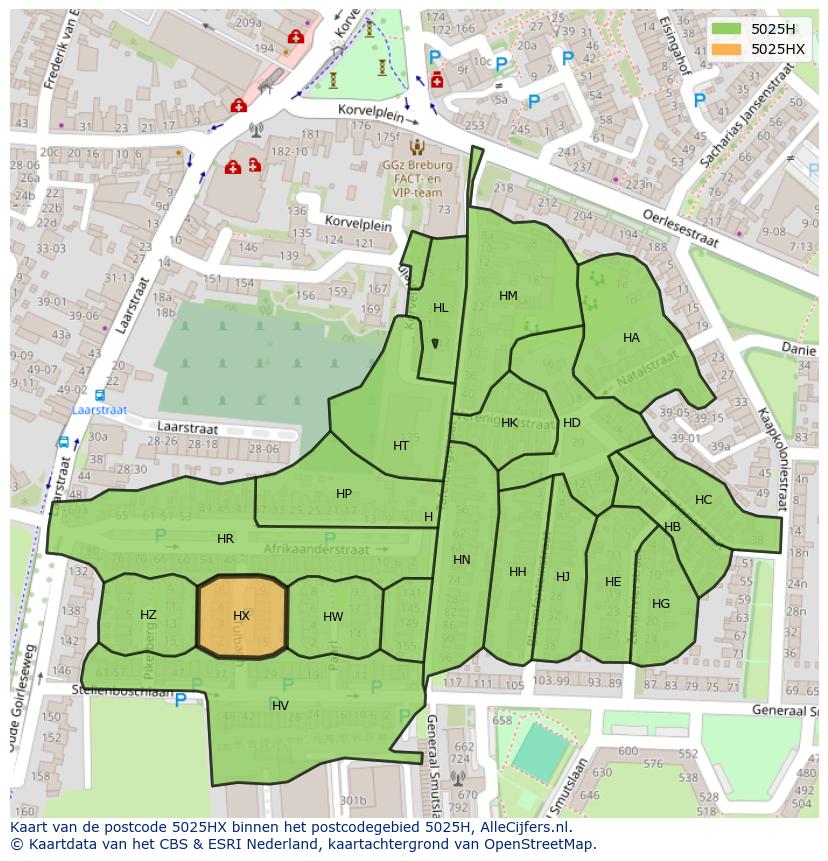 Afbeelding van het postcodegebied 5025 HX op de kaart.