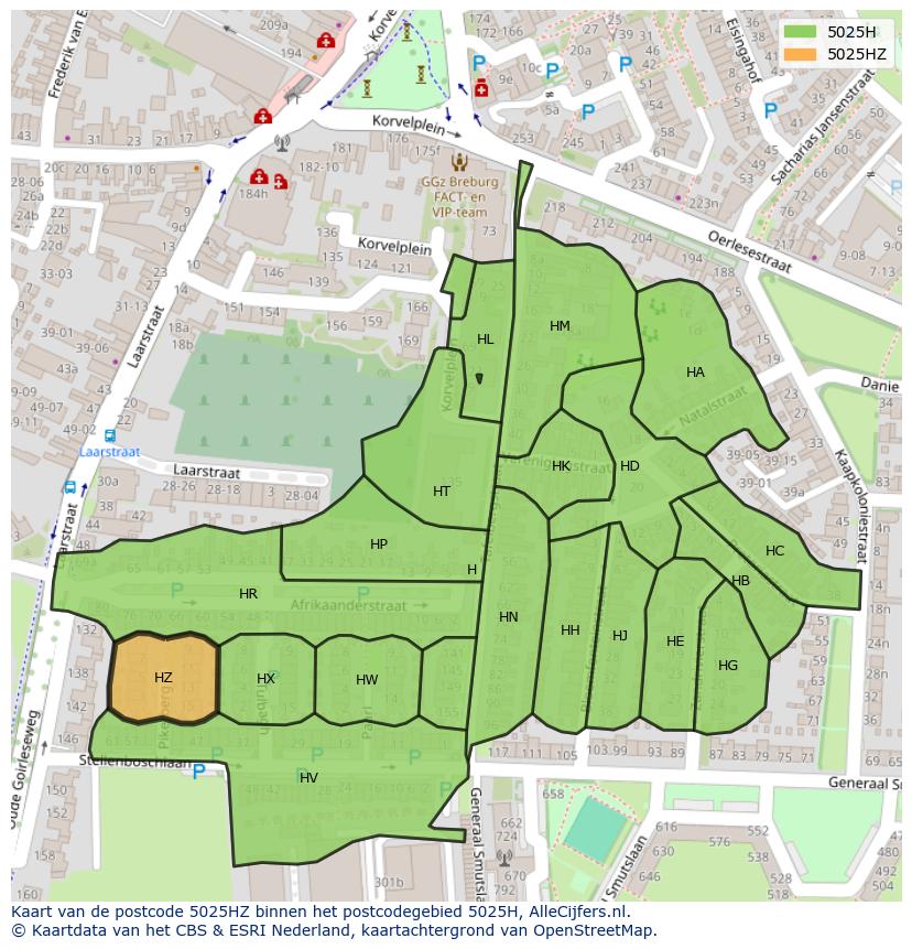 Afbeelding van het postcodegebied 5025 HZ op de kaart.