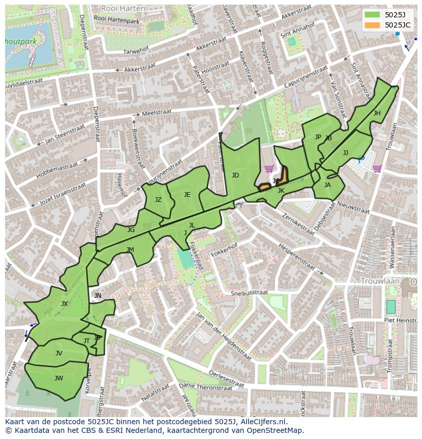 Afbeelding van het postcodegebied 5025 JC op de kaart.