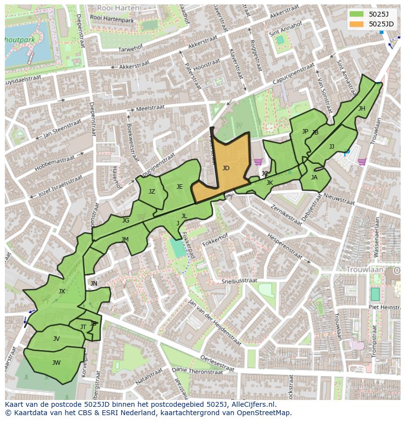 Afbeelding van het postcodegebied 5025 JD op de kaart.