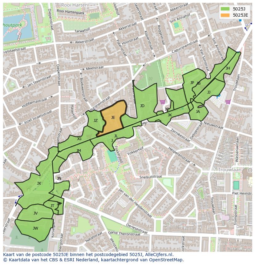 Afbeelding van het postcodegebied 5025 JE op de kaart.