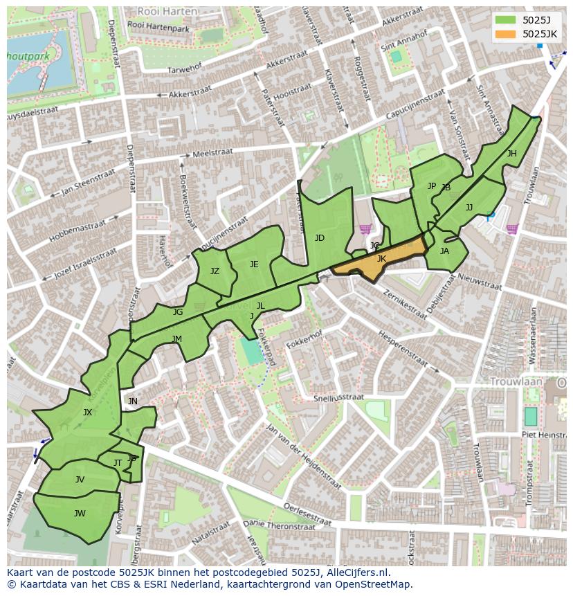 Afbeelding van het postcodegebied 5025 JK op de kaart.