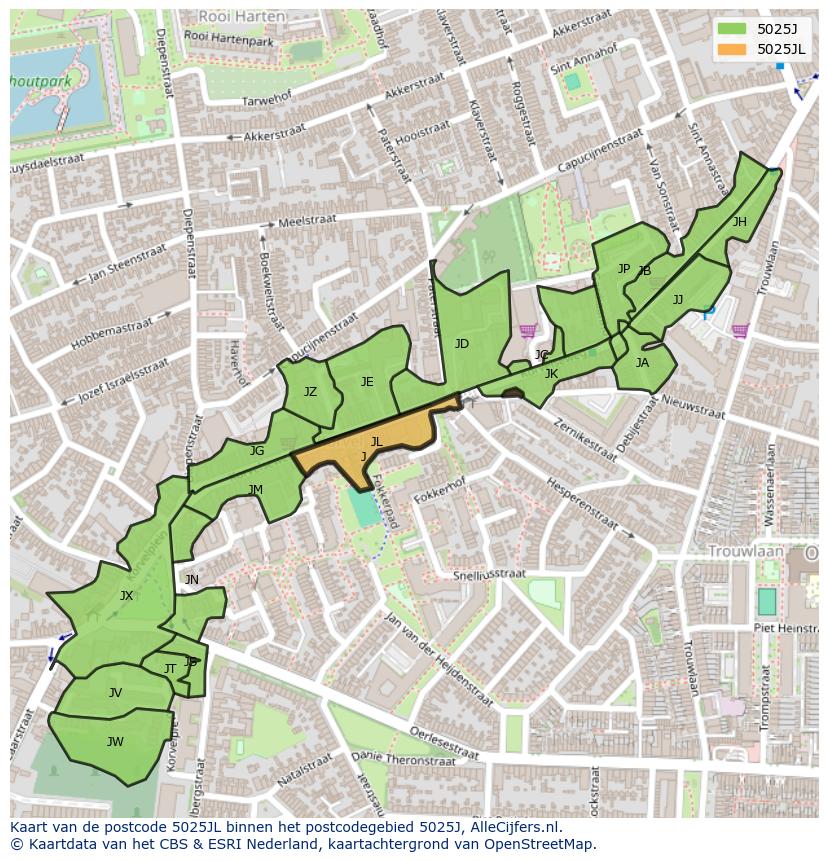Afbeelding van het postcodegebied 5025 JL op de kaart.