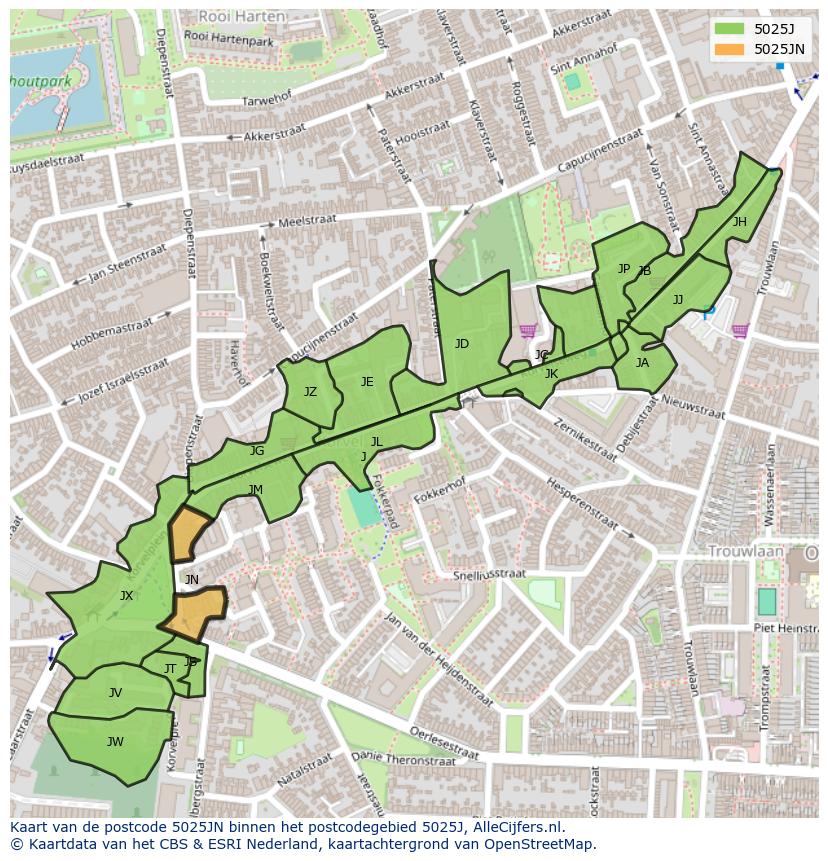 Afbeelding van het postcodegebied 5025 JN op de kaart.