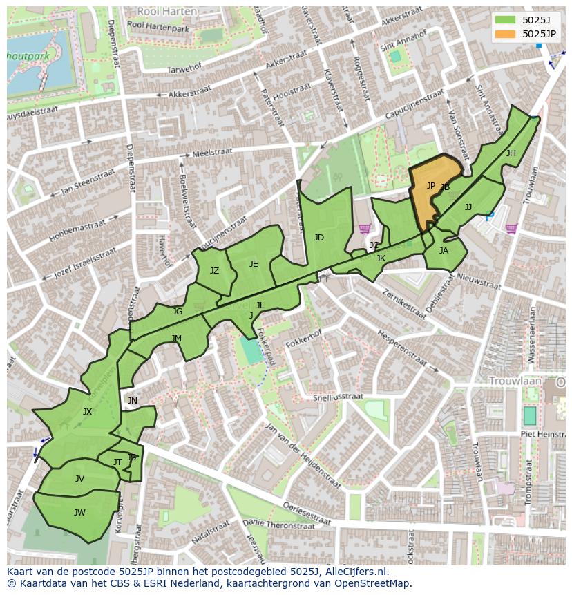 Afbeelding van het postcodegebied 5025 JP op de kaart.