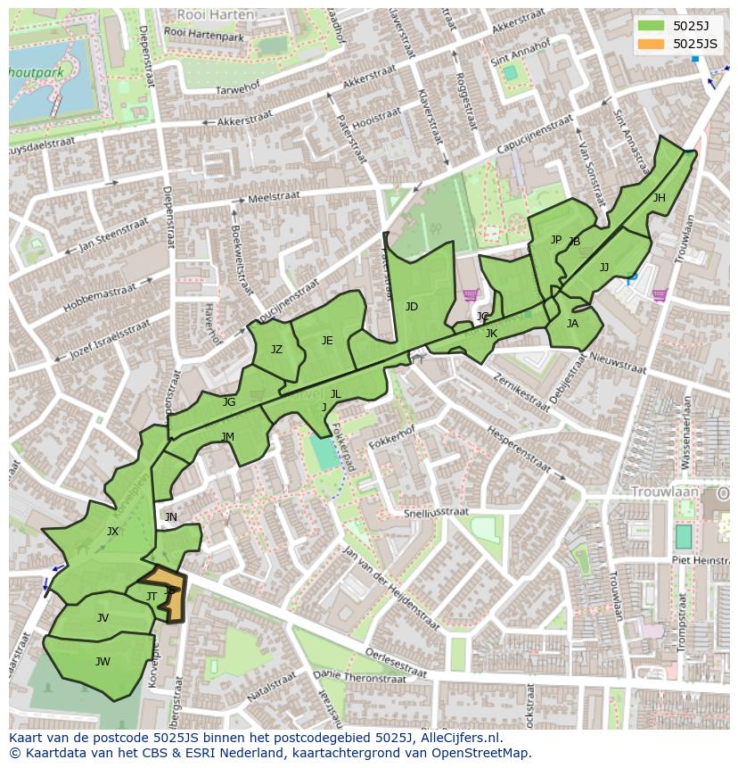 Afbeelding van het postcodegebied 5025 JS op de kaart.
