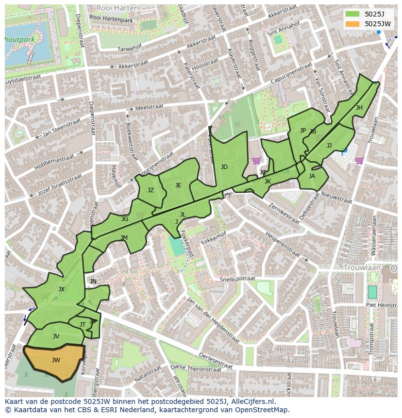 Afbeelding van het postcodegebied 5025 JW op de kaart.