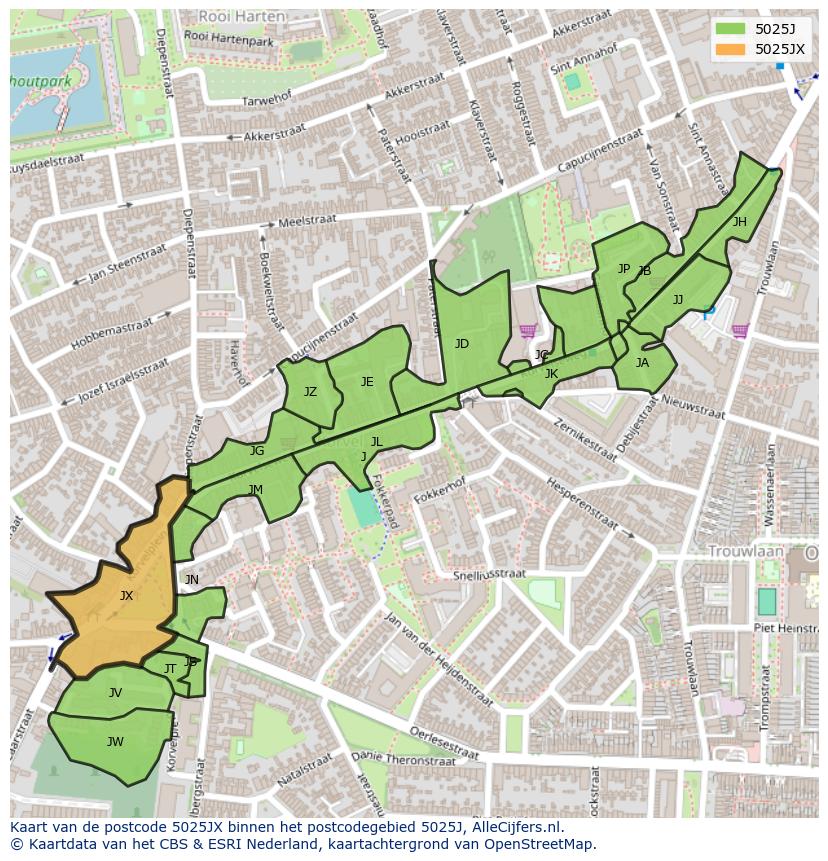 Afbeelding van het postcodegebied 5025 JX op de kaart.