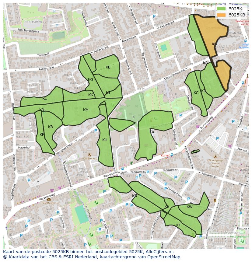 Afbeelding van het postcodegebied 5025 KB op de kaart.