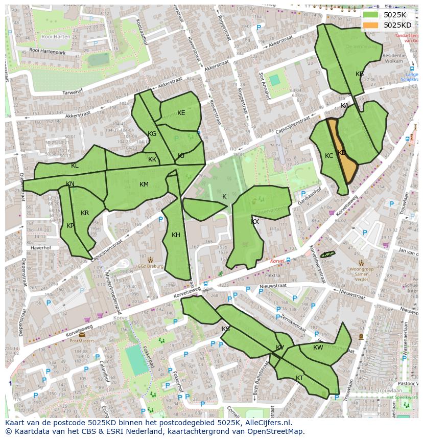 Afbeelding van het postcodegebied 5025 KD op de kaart.