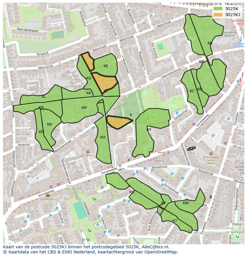 Afbeelding van het postcodegebied 5025 KJ op de kaart.