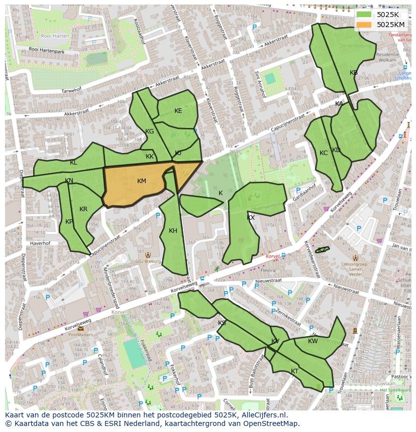 Afbeelding van het postcodegebied 5025 KM op de kaart.