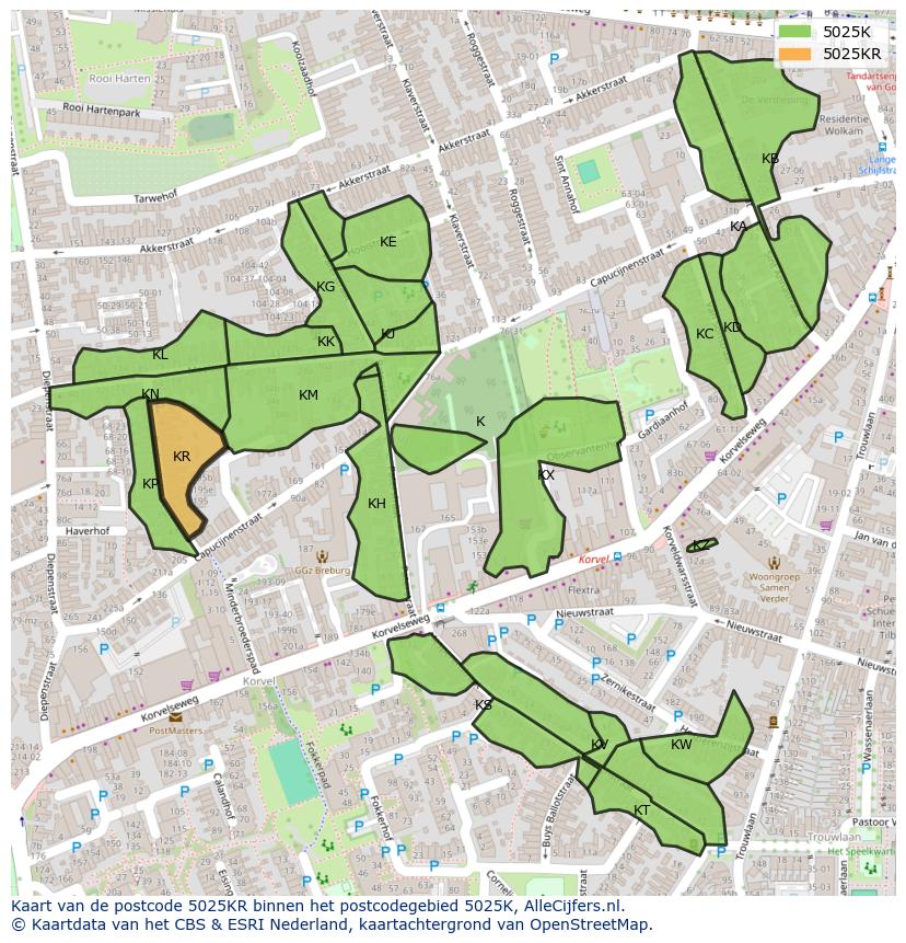 Afbeelding van het postcodegebied 5025 KR op de kaart.