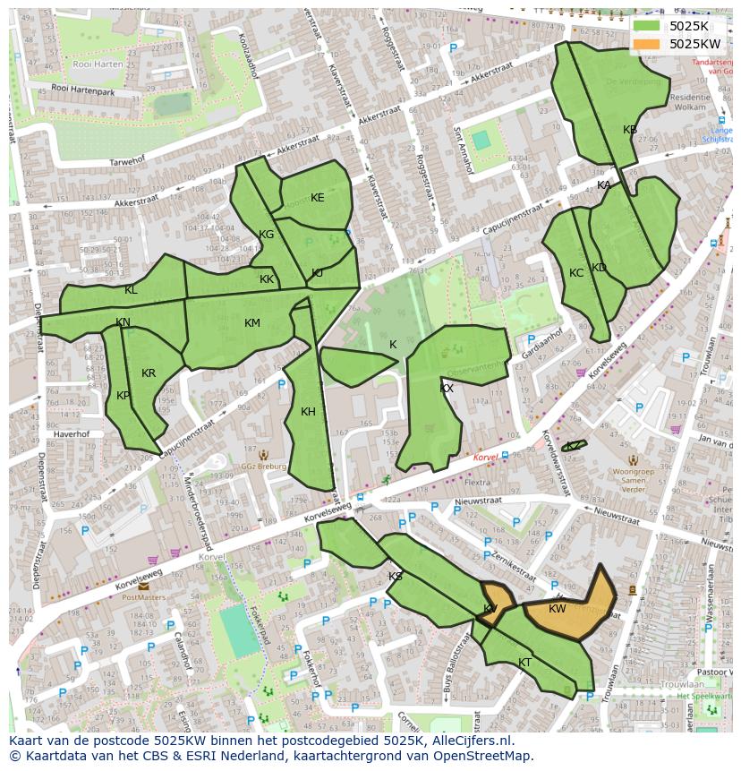 Afbeelding van het postcodegebied 5025 KW op de kaart.
