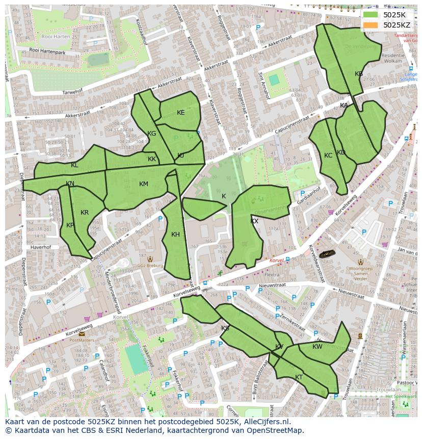 Afbeelding van het postcodegebied 5025 KZ op de kaart.