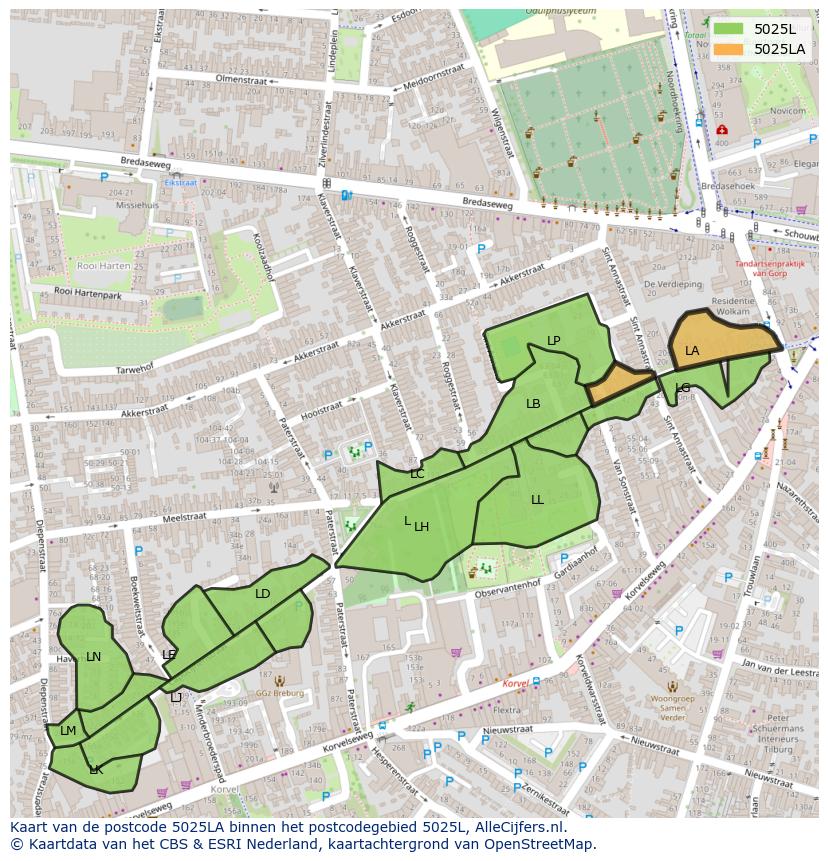 Afbeelding van het postcodegebied 5025 LA op de kaart.