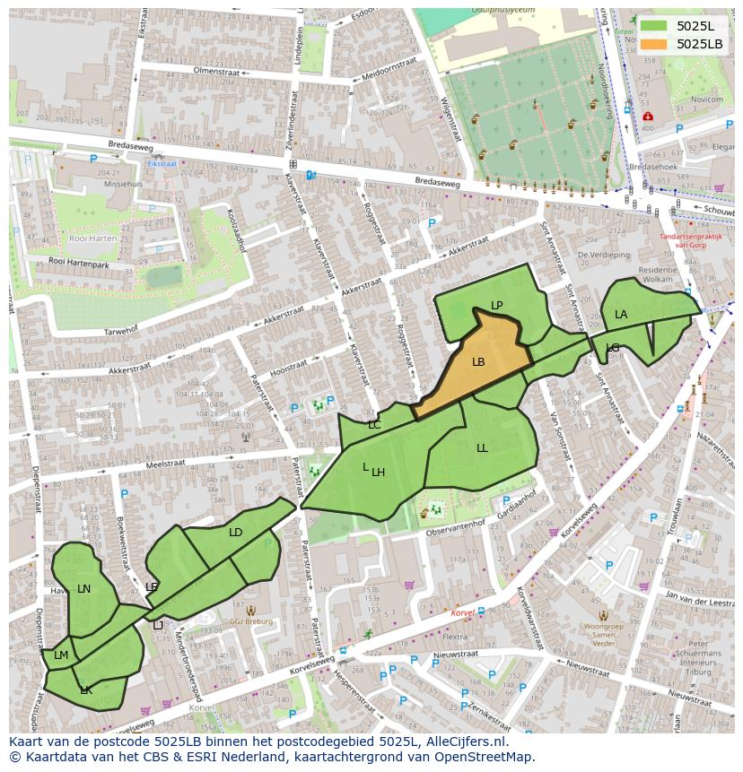 Afbeelding van het postcodegebied 5025 LB op de kaart.
