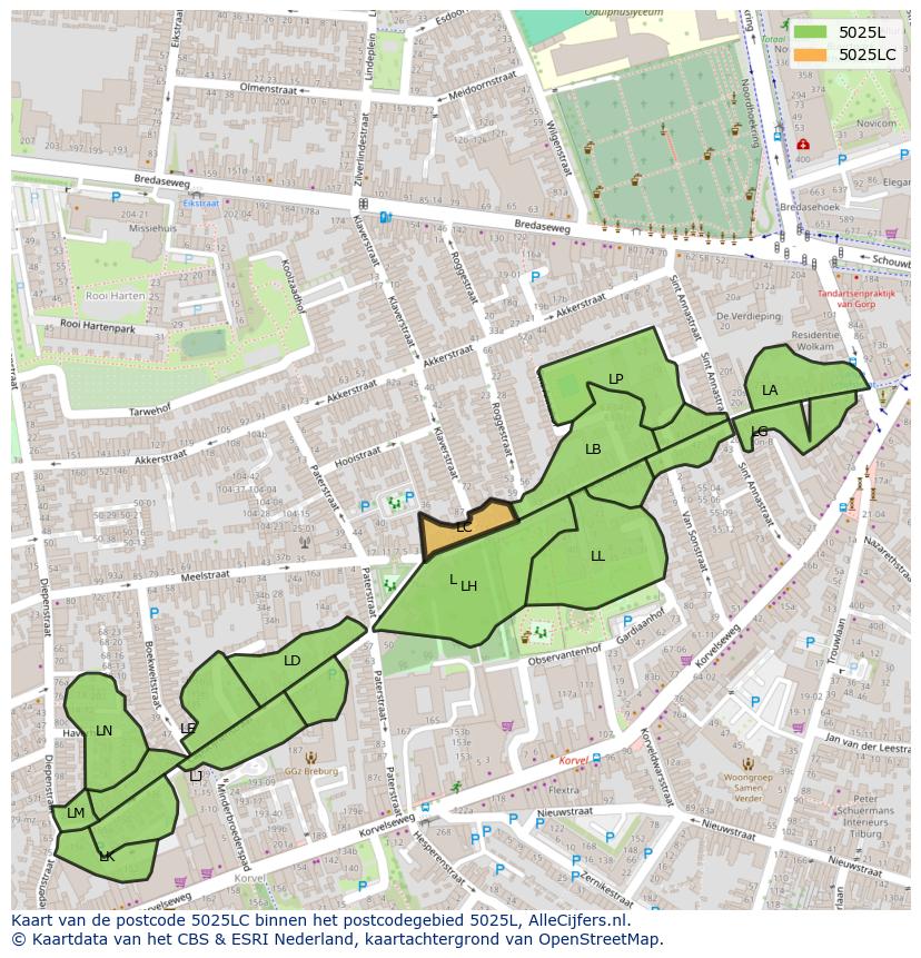 Afbeelding van het postcodegebied 5025 LC op de kaart.