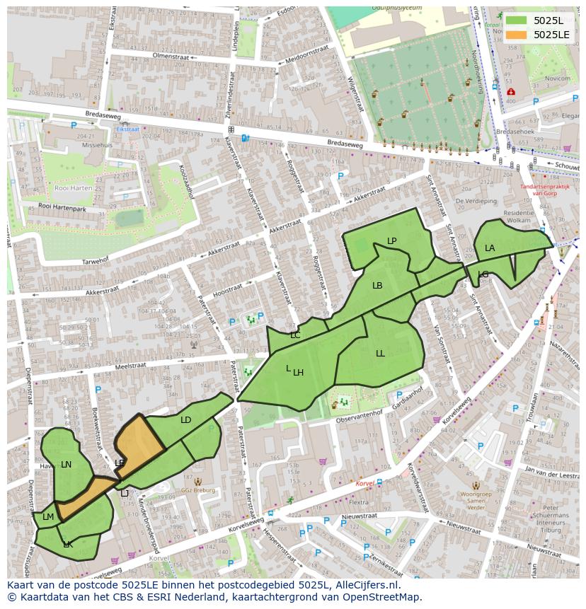 Afbeelding van het postcodegebied 5025 LE op de kaart.