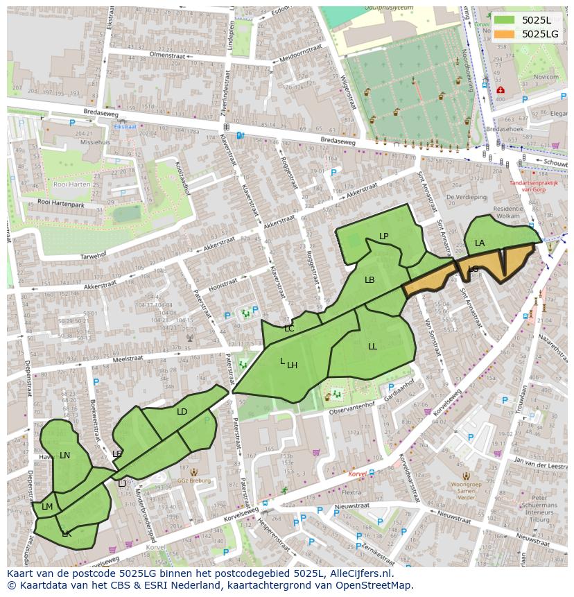 Afbeelding van het postcodegebied 5025 LG op de kaart.