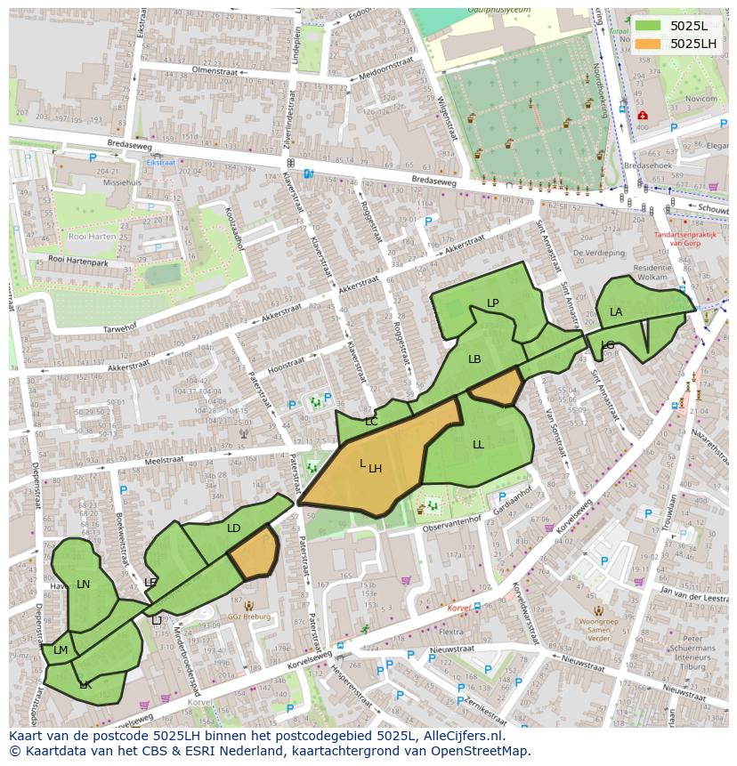 Afbeelding van het postcodegebied 5025 LH op de kaart.