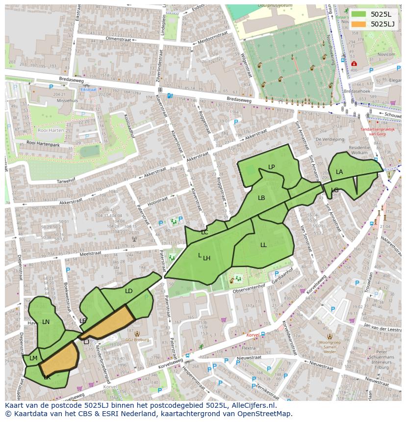 Afbeelding van het postcodegebied 5025 LJ op de kaart.