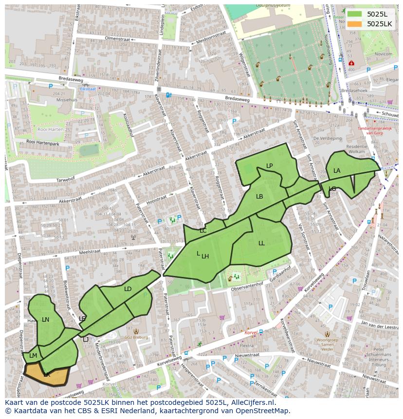 Afbeelding van het postcodegebied 5025 LK op de kaart.