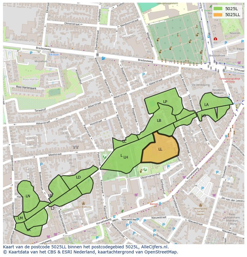 Afbeelding van het postcodegebied 5025 LL op de kaart.