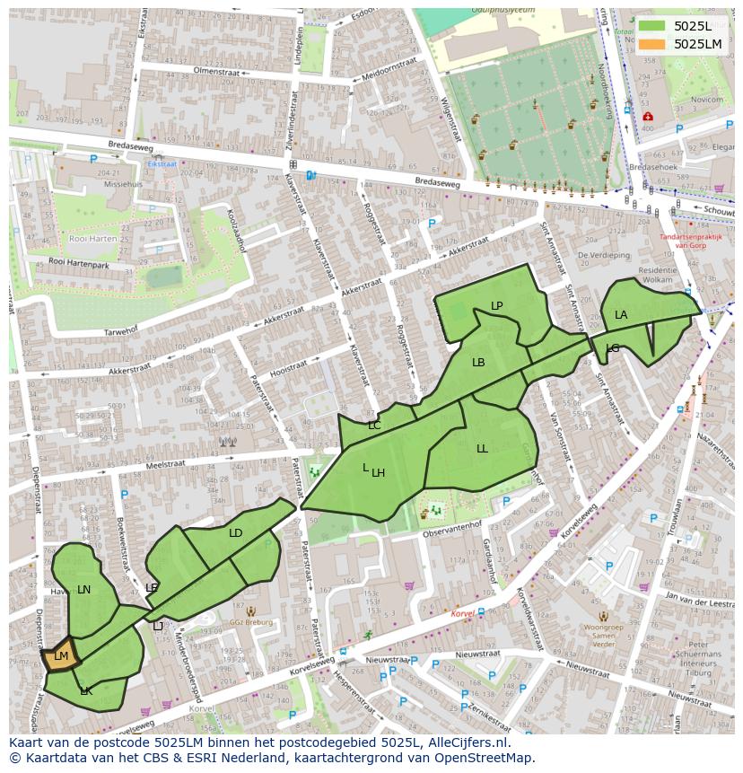 Afbeelding van het postcodegebied 5025 LM op de kaart.