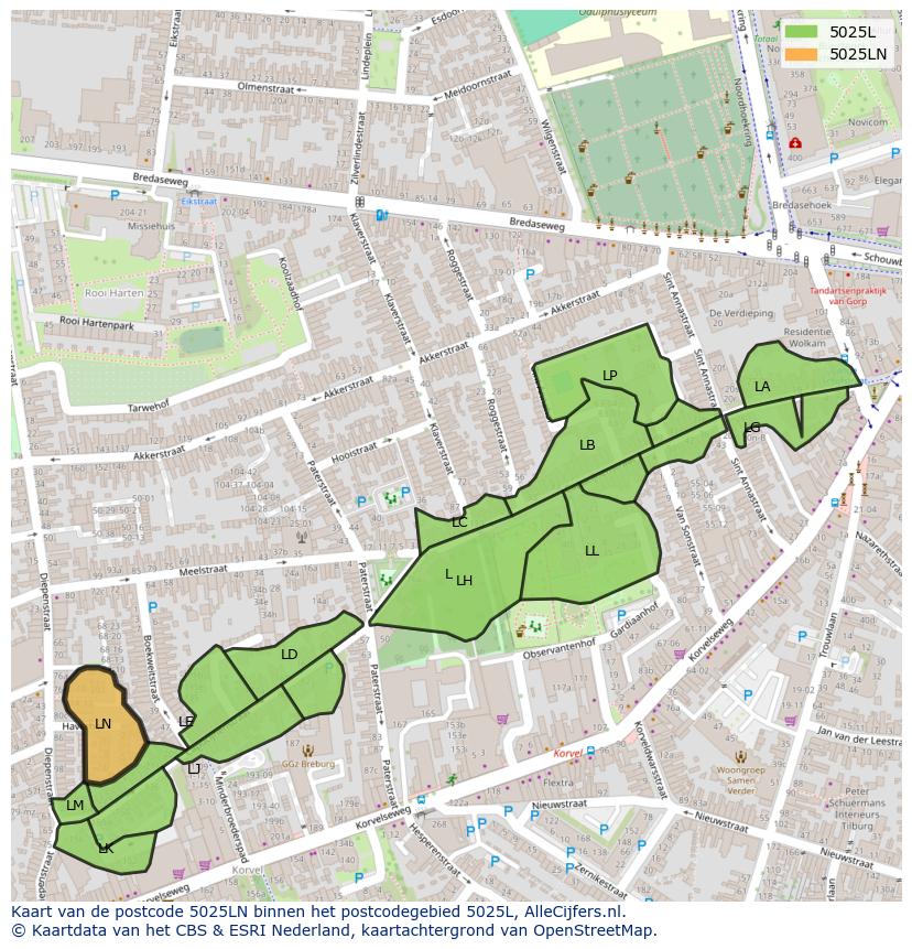 Afbeelding van het postcodegebied 5025 LN op de kaart.