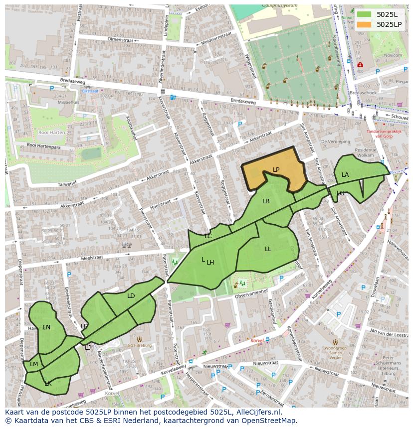 Afbeelding van het postcodegebied 5025 LP op de kaart.