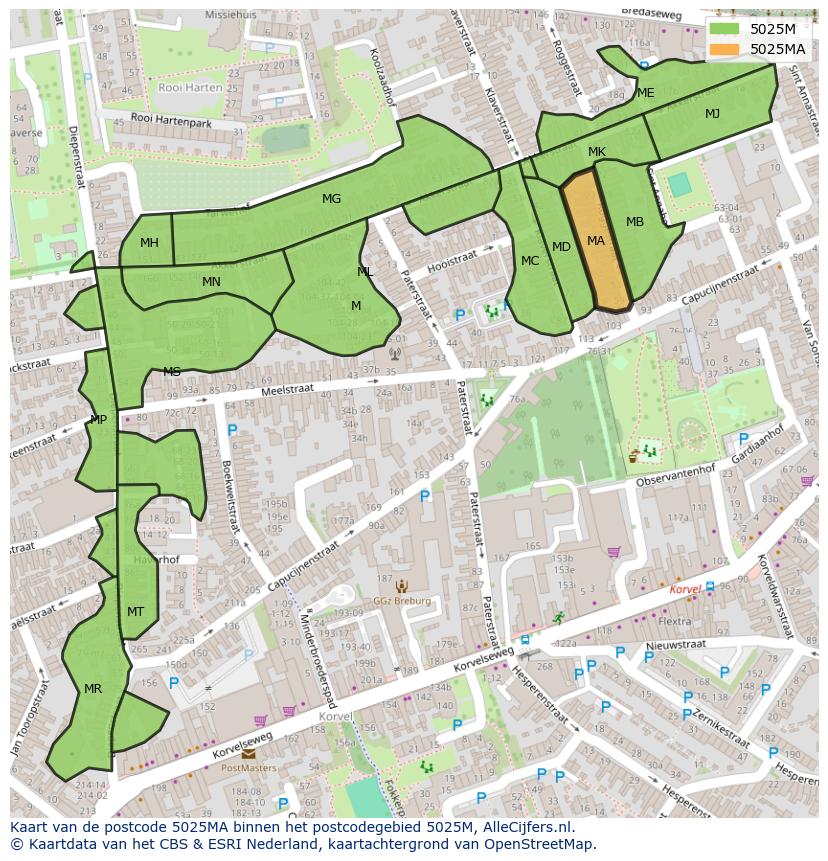Afbeelding van het postcodegebied 5025 MA op de kaart.
