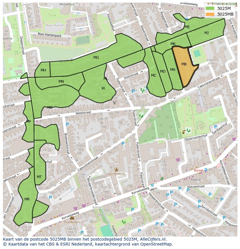 Afbeelding van het postcodegebied 5025 MB op de kaart.