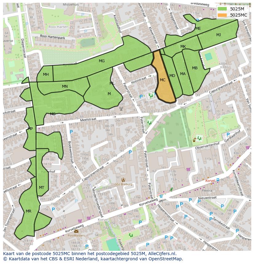Afbeelding van het postcodegebied 5025 MC op de kaart.