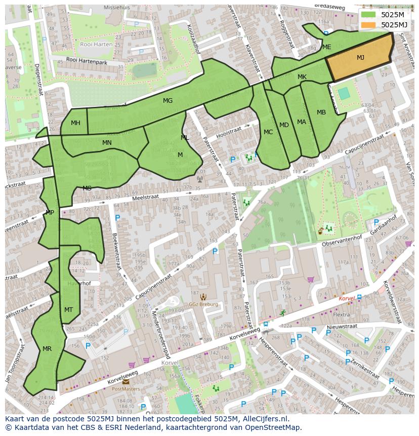 Afbeelding van het postcodegebied 5025 MJ op de kaart.